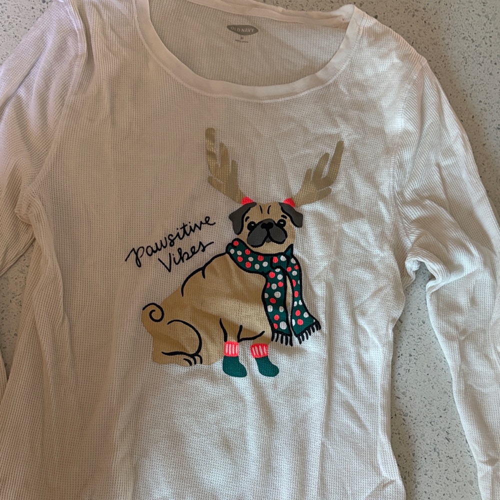 Old Navy Kids Long Sleeve Tee - White with Pug Design